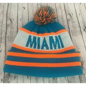 Miami Skull Cap Striped Cuff Pom Beanie Winter Hat Blue Orange White OSFM